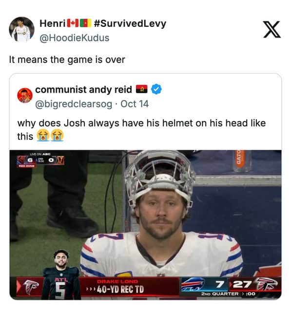 A funny sports tweet explaining that Josh Allen wears his helmet tilted up when the football game is over.