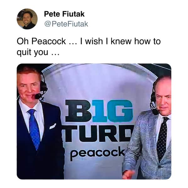 A funny sports tweet showing an unfortunate Peacock Big Ten logo placement that looks like "BIG TURD."
