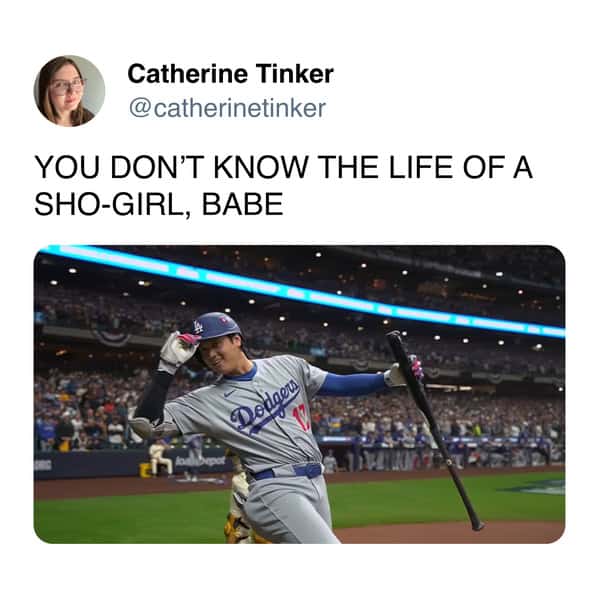 A funny sports tweet making a "Sho-girl" pun with a picture of Dodgers star Shohei Ohtani.