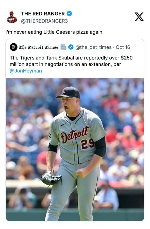 A funny sports tweet connecting Detroit Tigers contract talks to boycotting Little Caesars pizza due to shared ownership.