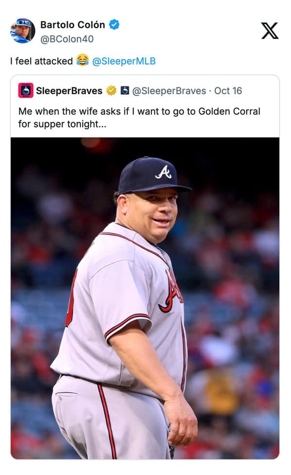 Bartolo Colón reacting with laughing emojis to a funny sports tweet meme using his picture about Golden Corral.