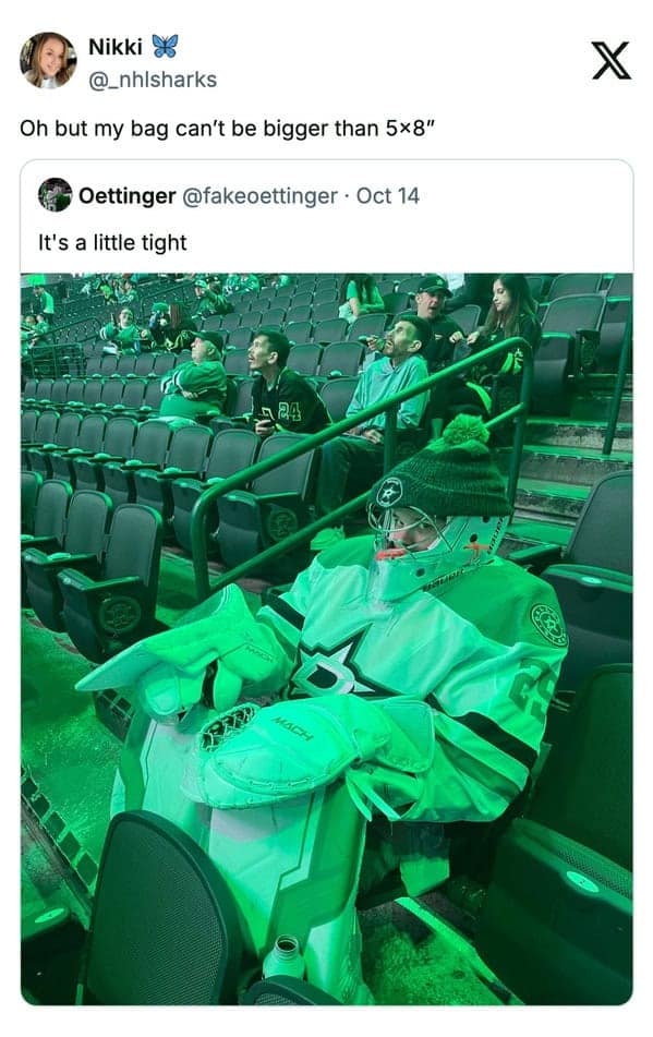 A funny sports tweet showing a hockey fan in full goalie gear squeezed into an arena seat, joking about bag limits.