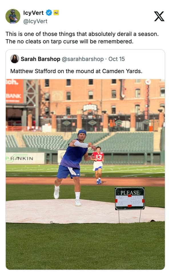 A funny sports tweet joking that Matthew Stafford cursed his NFL season by ignoring a "no cleats on tarp" sign.