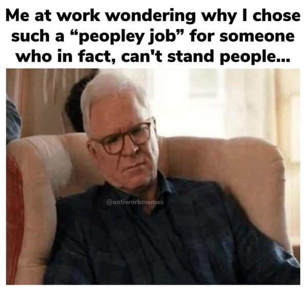 Funny work meme using Steve Martin to show an introvert wondering why they chose a customer-facing job.