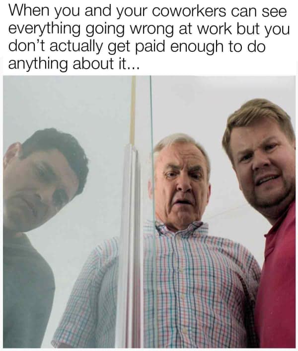 A funny work meme about seeing things go wrong at work but not being paid enough to do anything about it.