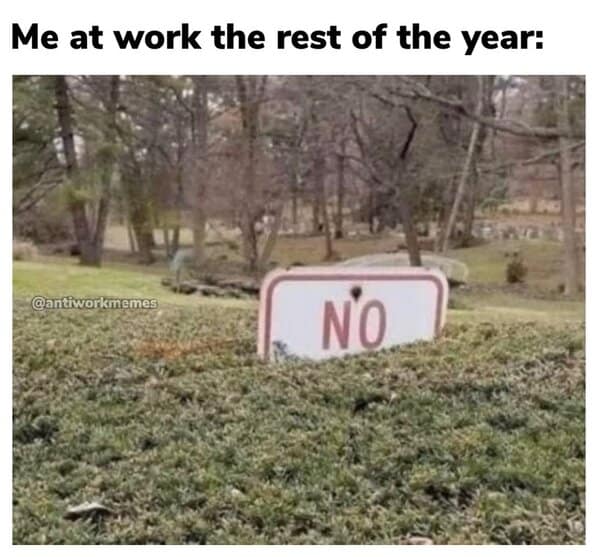 Funny work meme showing a "NO" sign in bushes, representing checked-out employee attitude for the rest of the year.