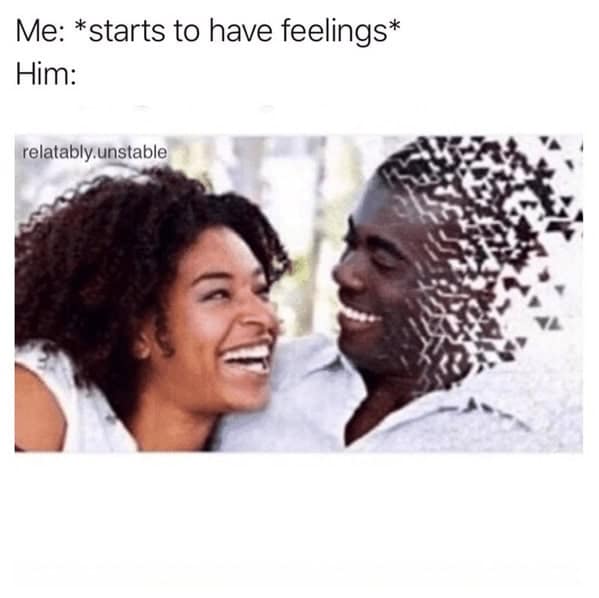 A funny meme using the Thanos snap disintegration effect to show someone ghosting when feelings get involved.