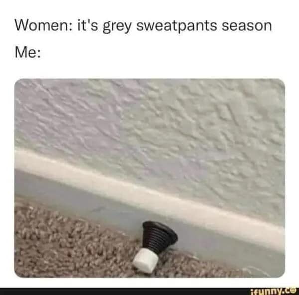 A funny grey sweatpants meme comparing a man's excitement to a springy door stopper.