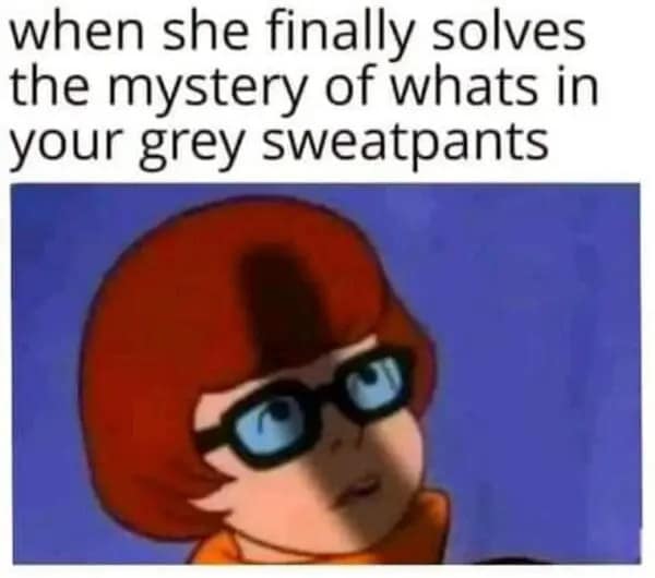 A funny Scooby-Doo meme of Velma looking shocked after solving the grey sweatpants mystery.