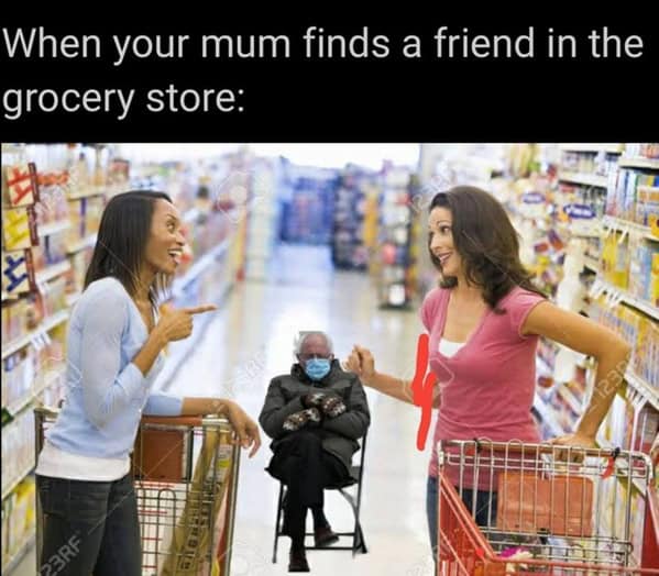 A Bernie Sanders mittens meme photoshopped into a grocery aisle while two moms talk.