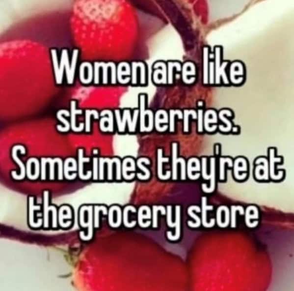 A blurry photo of strawberries with the text "Women are like strawberries. Sometimes they're at the grocery store."