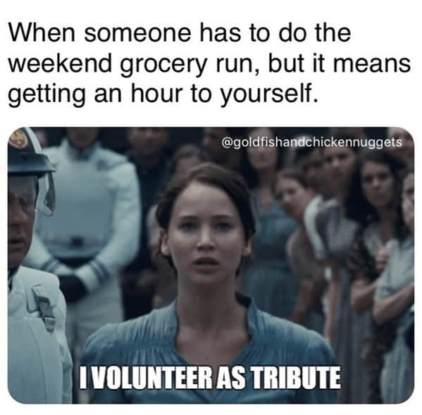 A Hunger Games meme of Katniss volunteering as tribute to do the weekend grocery run for alone time.