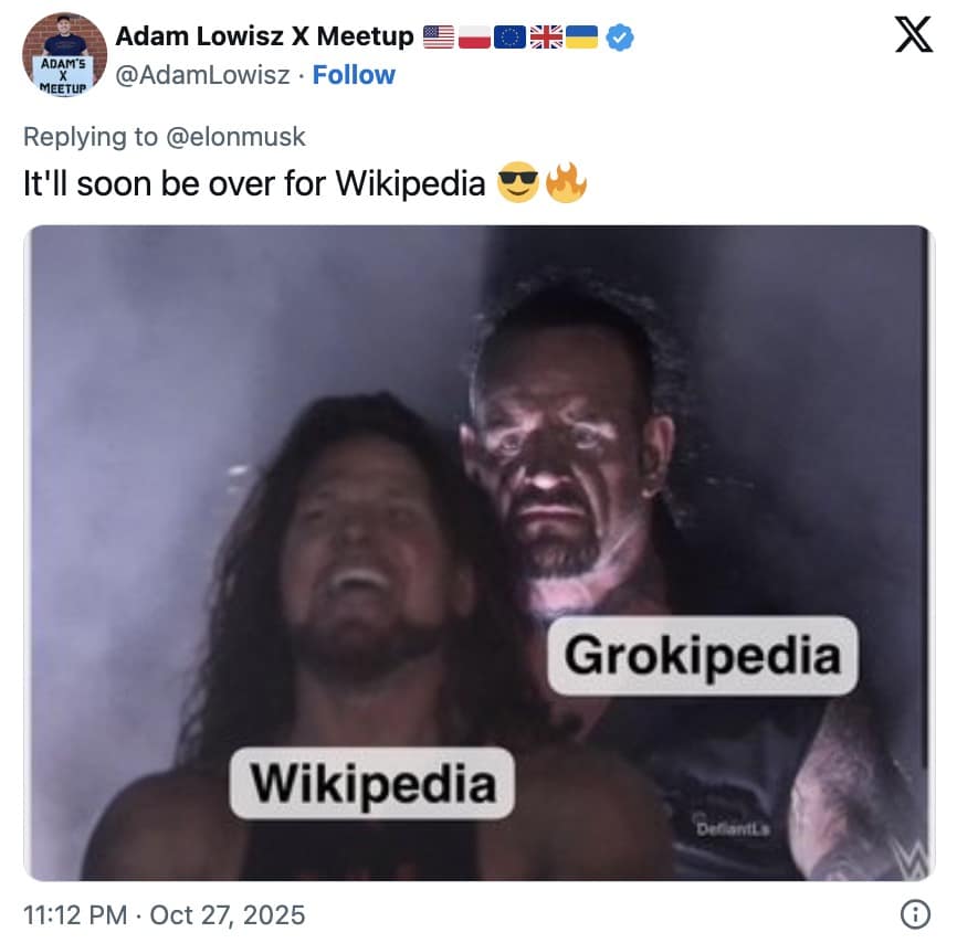 The Undertaker Grokipedia meme showing Elon Musk's Grokipedia looming menacingly behind a scared Wikipedia