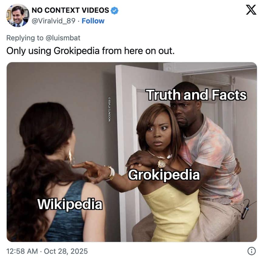 Funny Grokipedia meme showing Kevin Hart protecting "Truth and Facts" (Grokipedia) from Wikipedia trying to interfere