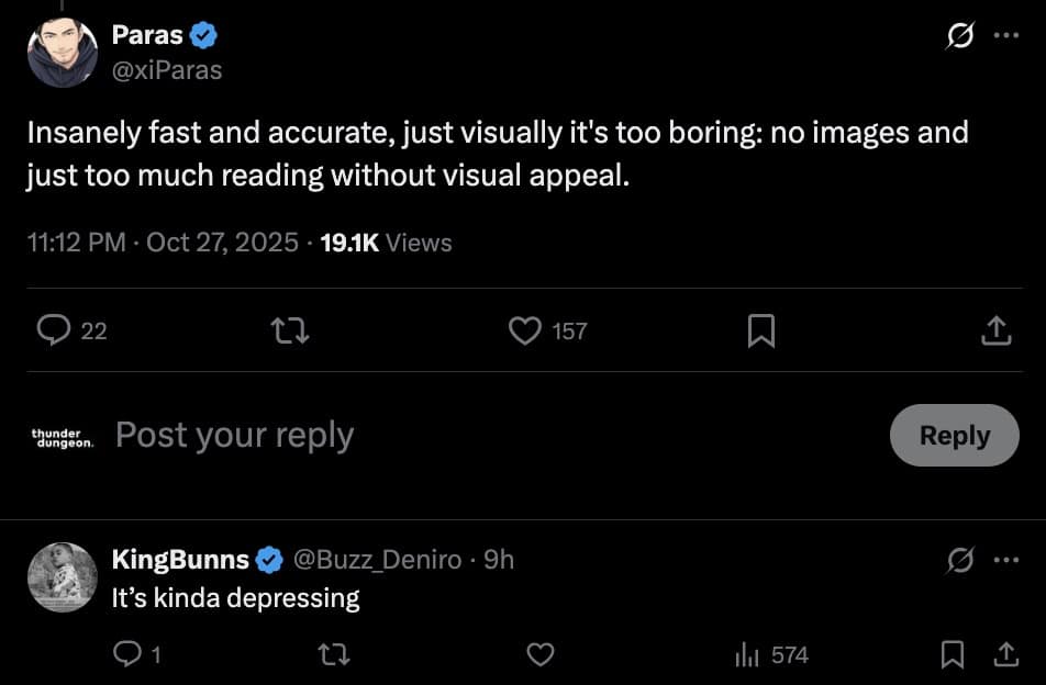 Early user feedback tweet shown as a Grokipedia meme, criticizing its boring, text-heavy visual style