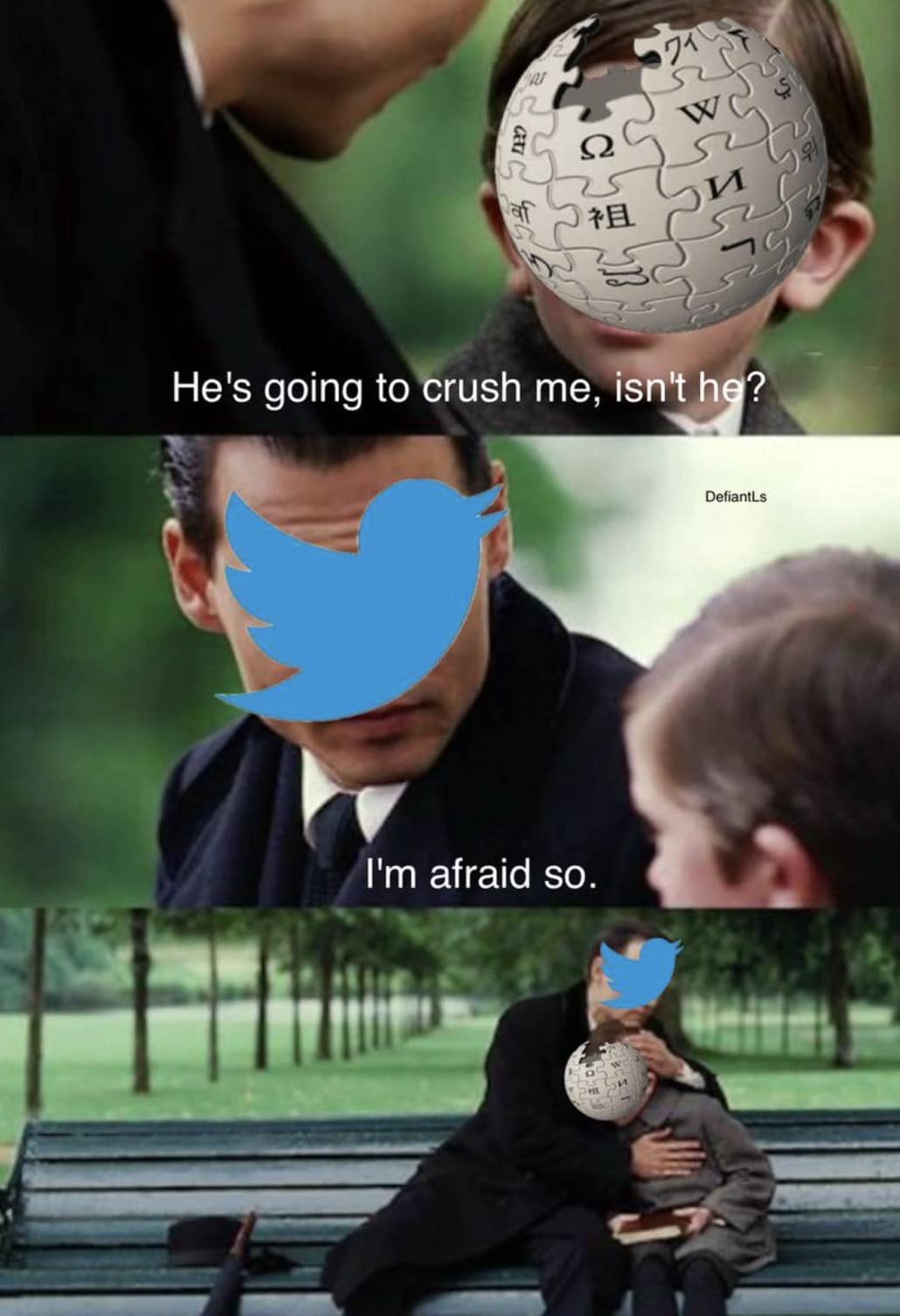 A Finding Neverland Grokipedia meme showing X (Twitter) comforting a worried Wikipedia about being crushed.