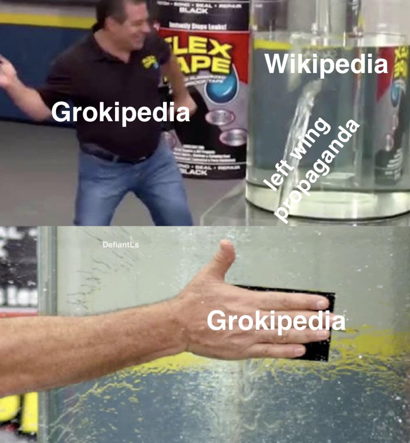 Phil Swift Flex Tape Grokipedia meme showing Grokipedia supposedly fixing Wikipedia's "left wing propaganda" leak