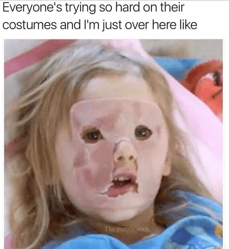 A funny halloween meme about low-effort costumes, showing a kid wearing a slice of ham as a mask.