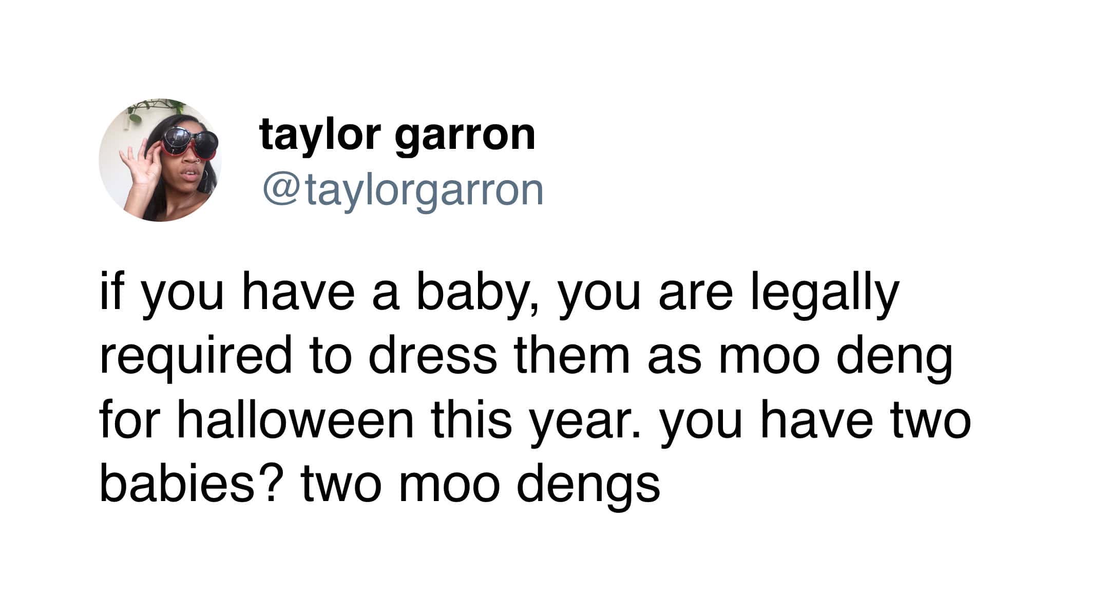 Funny Halloween tweet declaring it a legal requirement to dress babies as the viral capybara Moo Deng.