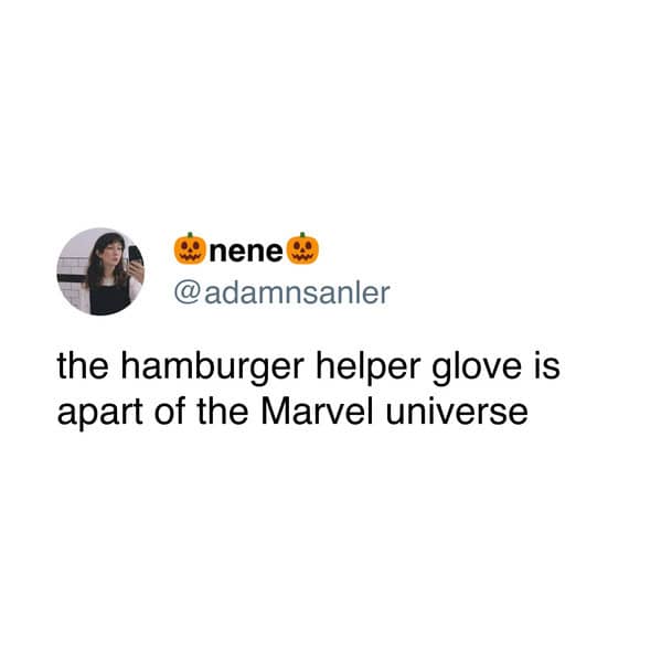 A funny hamburger helper tweet jokingly claiming the mascot glove is part of the Marvel Universe