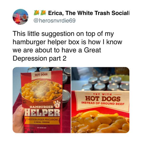 A hamburger helper meme showing a box suggesting using hot dogs instead of ground beef.