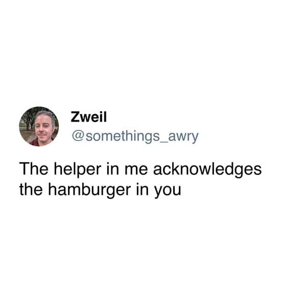 A funny hamburger helper tweet twisting a zen yoga phrase into something about boxed dinner