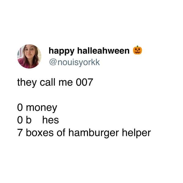 A hilarious hamburger helper meme redefining the James Bond code 007.