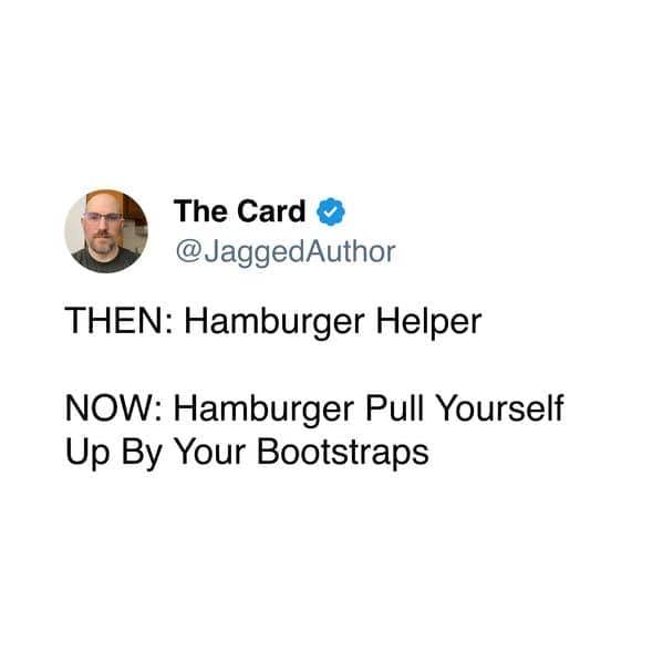 A hamburger helper meme tweet offering a modern, politically charged update to the product's name.