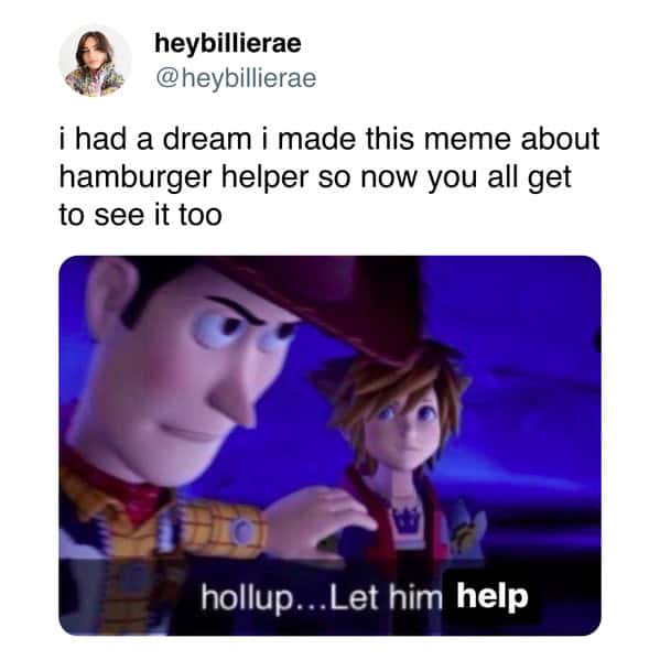 A weird hamburger helper meme generated from a dream using a Toy Story/Kingdom Hearts format.