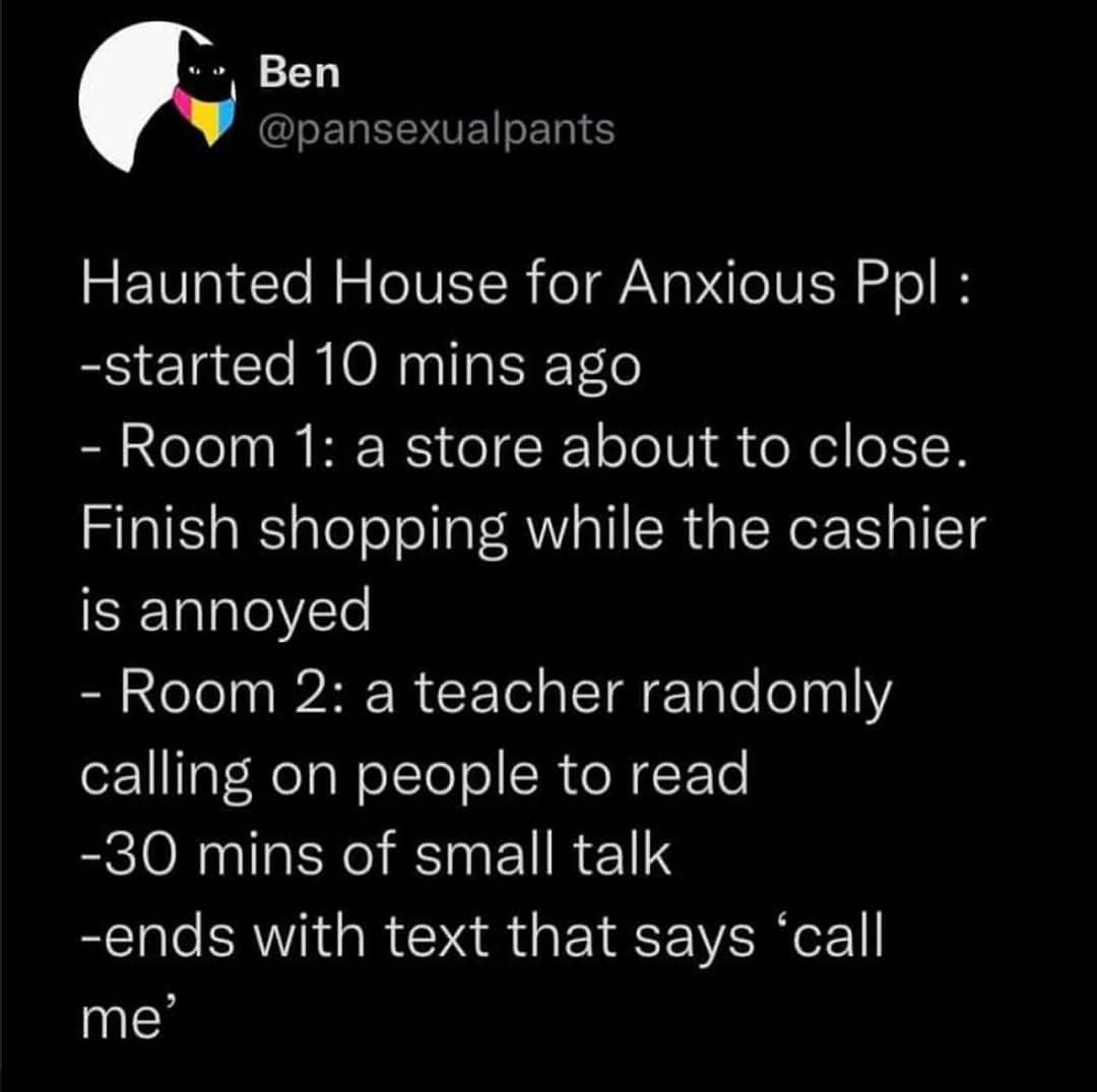 A tweet outlining a terrifying haunted house concept designed specifically for people with social anxiety.