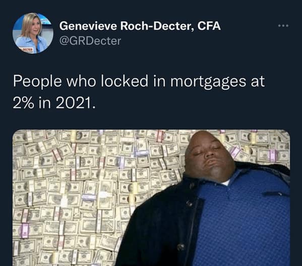 A man sleeping on a bed of money, a perfect homeowner meme for those with low mortgage rates.