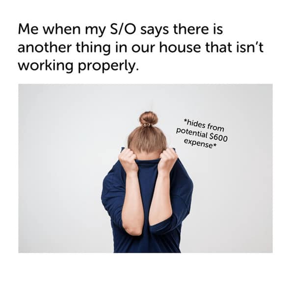 A woman hiding in her sweater, a relatable homeowner meme about the fear of unexpected repair costs.