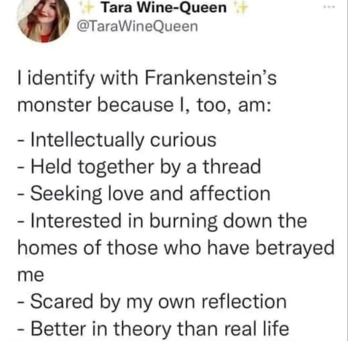 A funny horror movie meme list explaining why Frankenstein's monster is relatable for Halloween.