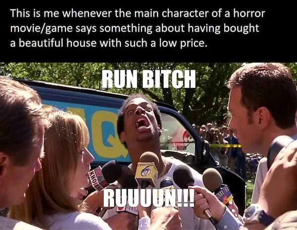 A Scary Movie meme warning horror characters not to buy suspiciously cheap haunted houses.
