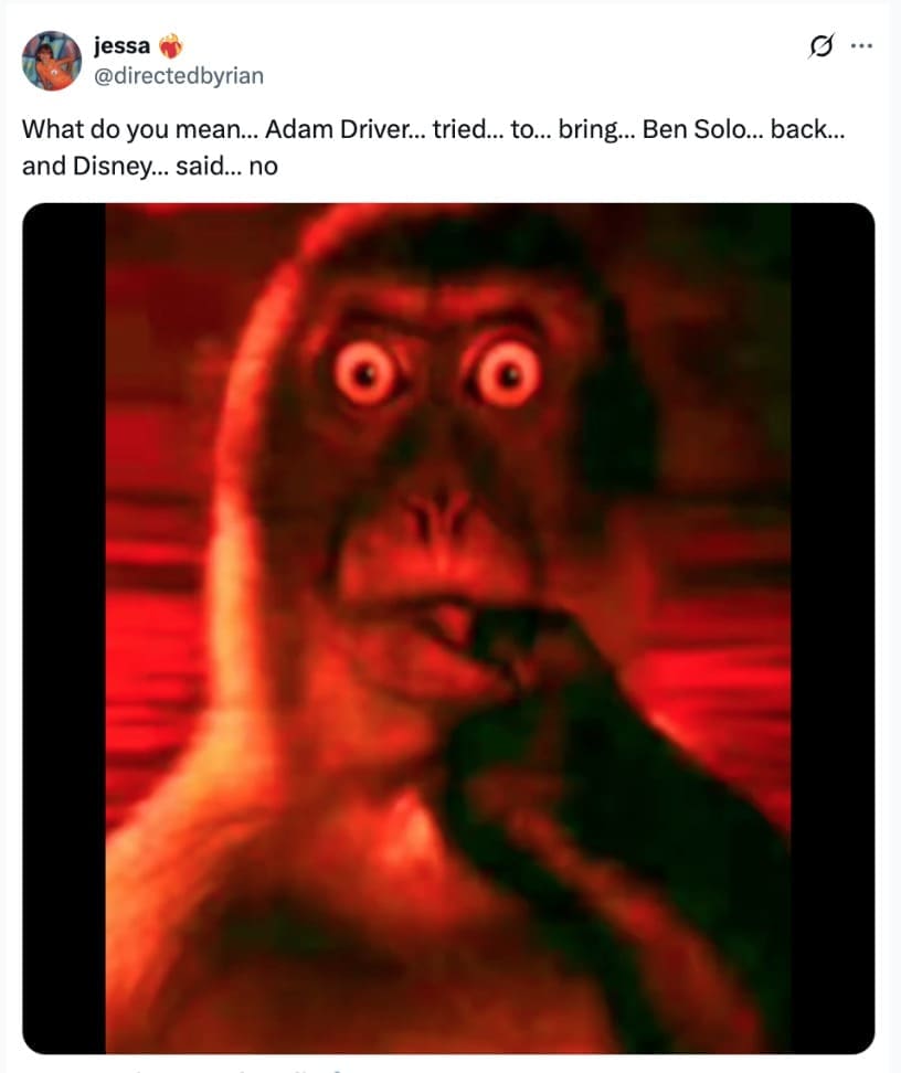 A Hunt for Ben Solo meme using a shocked monkey GIF reacting to Disney saying no to Adam Driver's movie