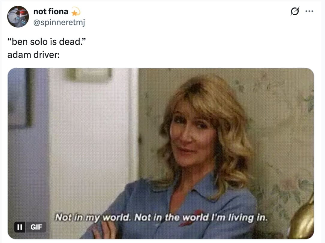 A Hunt for Ben Solo meme using Laura Dern in 'Marriage Story' to show Adam Driver denying Ben Solo is dead.