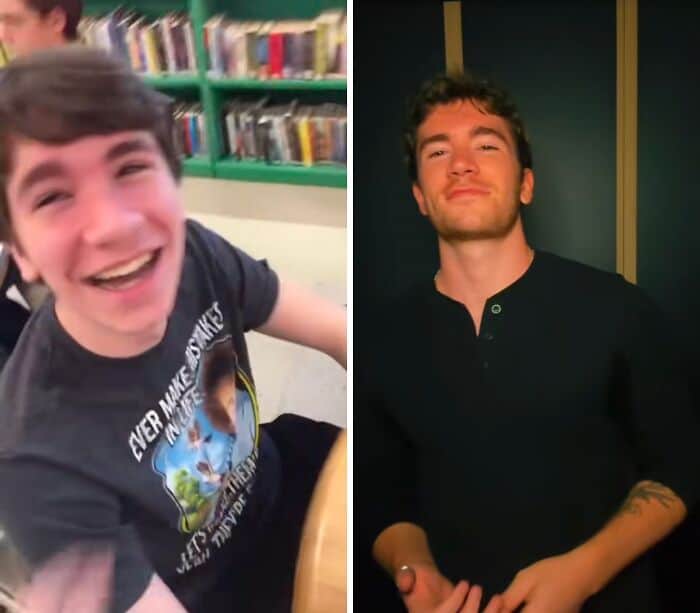 A man's impressive before-and-after glow up, showing his transformation from an awkward teen to a handsome adult.