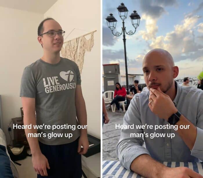 A man's stylish before-and-after glow up, from wearing a graphic tee to being a bald, dapper man at a cafe.