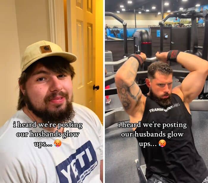 A man's amazing physical and style transformation from a guy with a mullet to a muscular gym enthusiast.