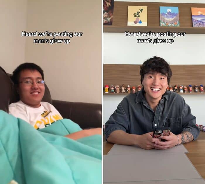 A young man's impressive glow up, showing a huge boost in his confidence and personal style.