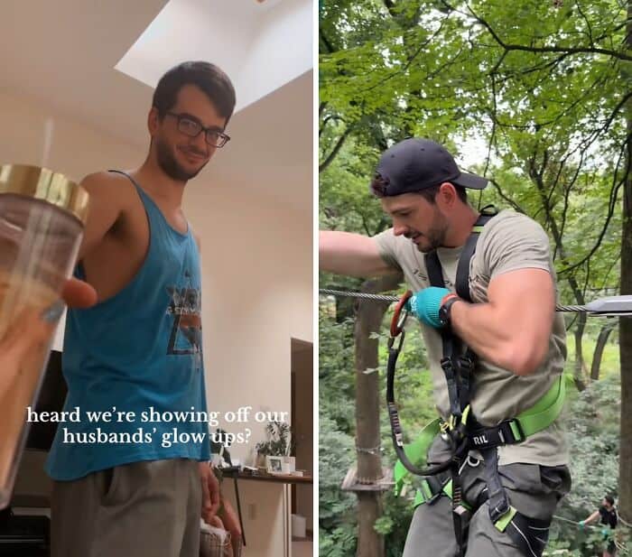 A man's impressive glow up from a skinny guy in a tank top to a fit, adventurous man on a zipline.