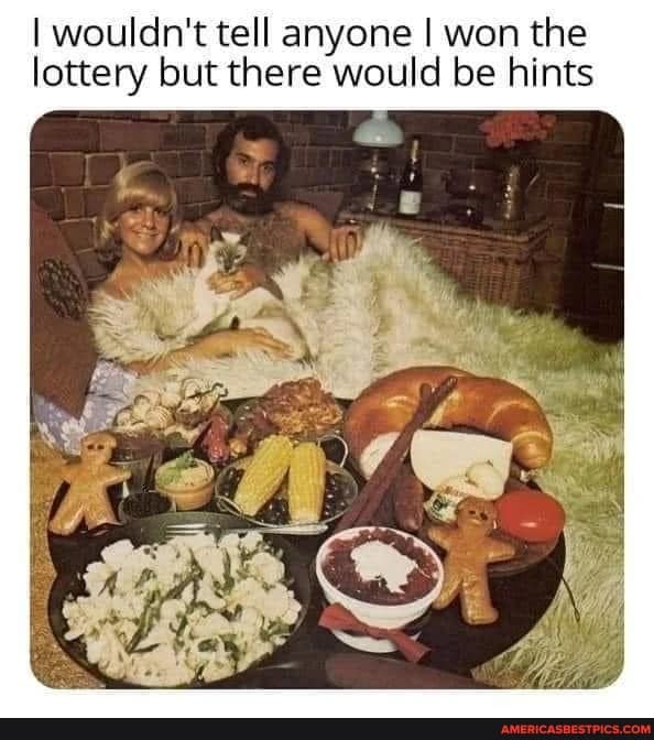 A funny 1970s photo of a couple with a large, decadent feast as a lottery hint.