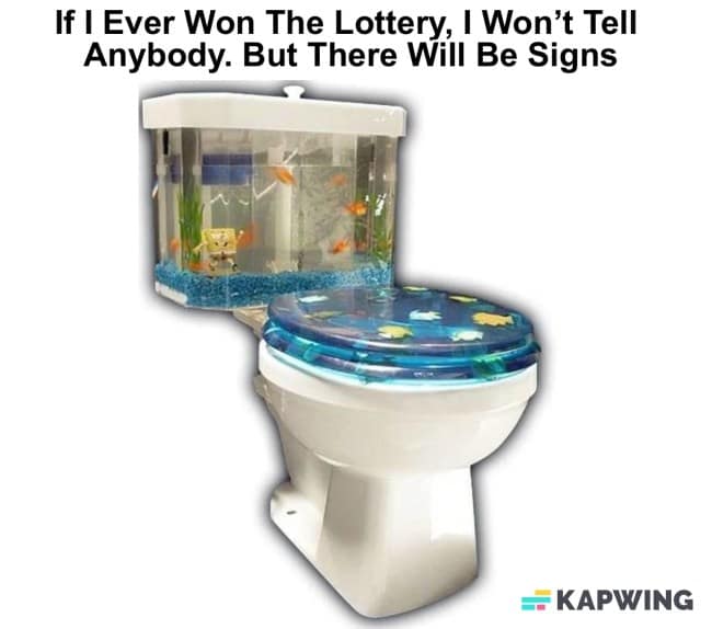 A funny meme of a toilet with a live fish tank as the sign someone won the lottery.