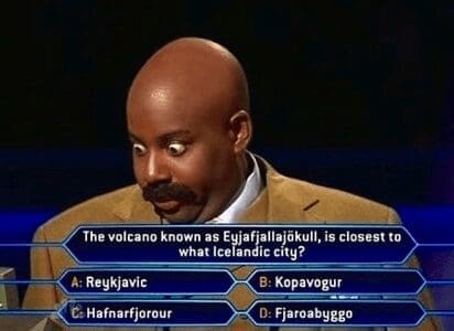 A funny meme using a stressed game show contestant to represent the difficulty of pronouncing IKEA product names.