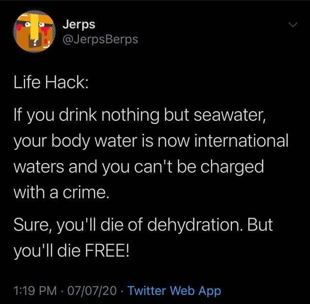 A funny life hack that suggests drinking seawater to become "international waters" and avoid crimes.