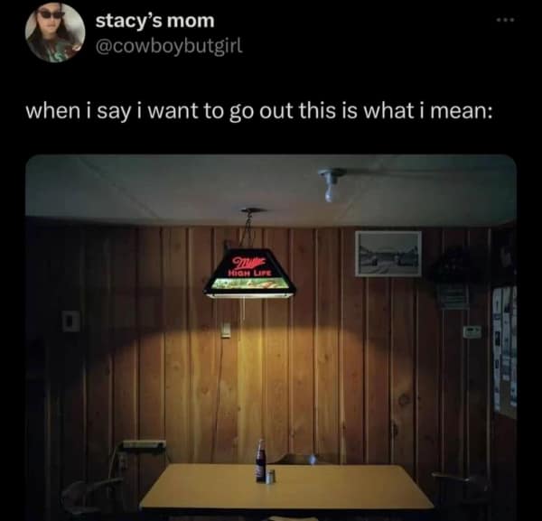 A lifemaxxing meme showing a quiet, dimly lit bar booth as the perfect way to "go out."
