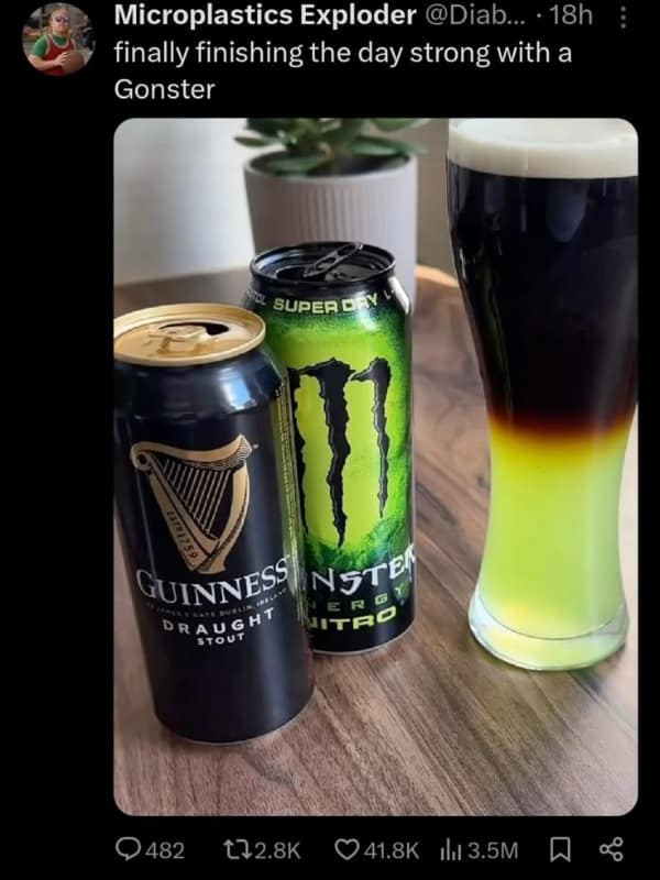 A funny lifemaxxing meme of a person making a "Gonster" cocktail with Guinness and Monster Energy.