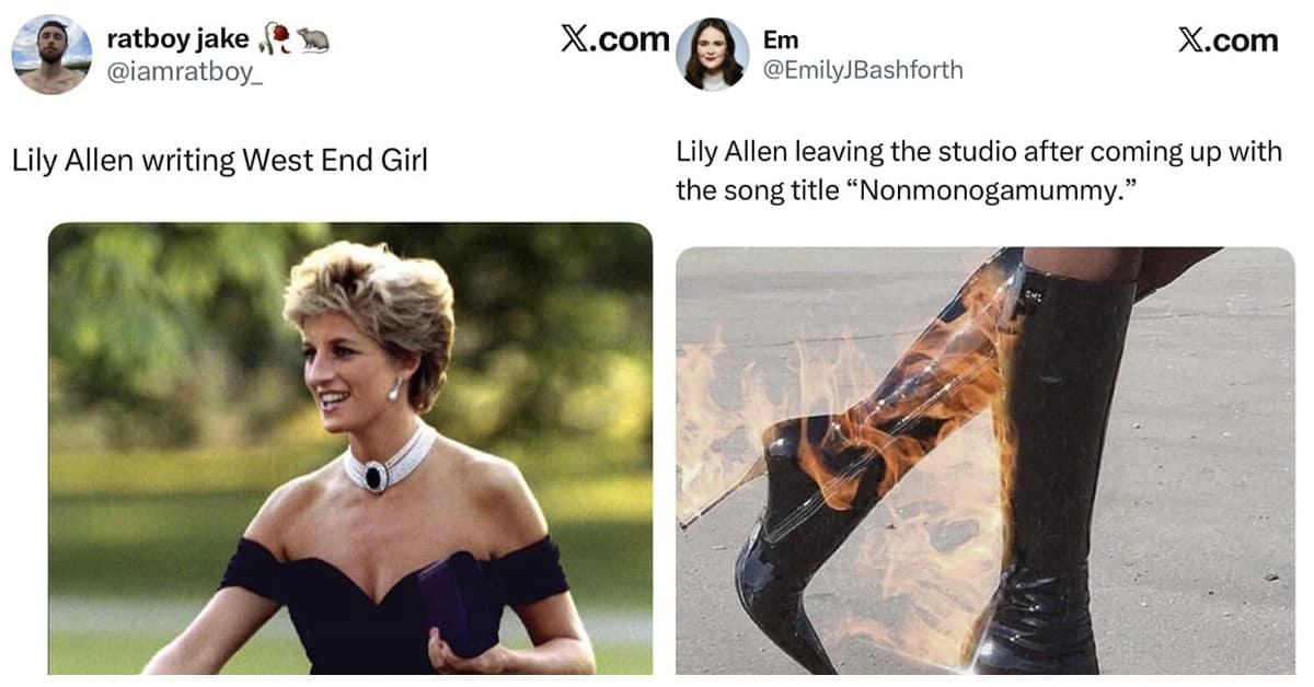 A collection of the funniest Lily Allen West End Girl memes reacting to her new album and song lyrics.