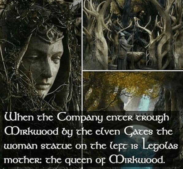 A Lord of the Rings fact pointing out a statue of Legolas's mother that appears at the entrance to Mirkwood in The Hobbit movies.