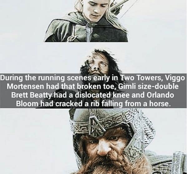 A Lord of the Rings fact detailing the real-life injuries that Viggo Mortensen, Orlando Bloom, and Brett Beattie sustained during filming.